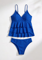 Tankini Women Two Piece Solid Ruffle Long Top Tummy Coverage