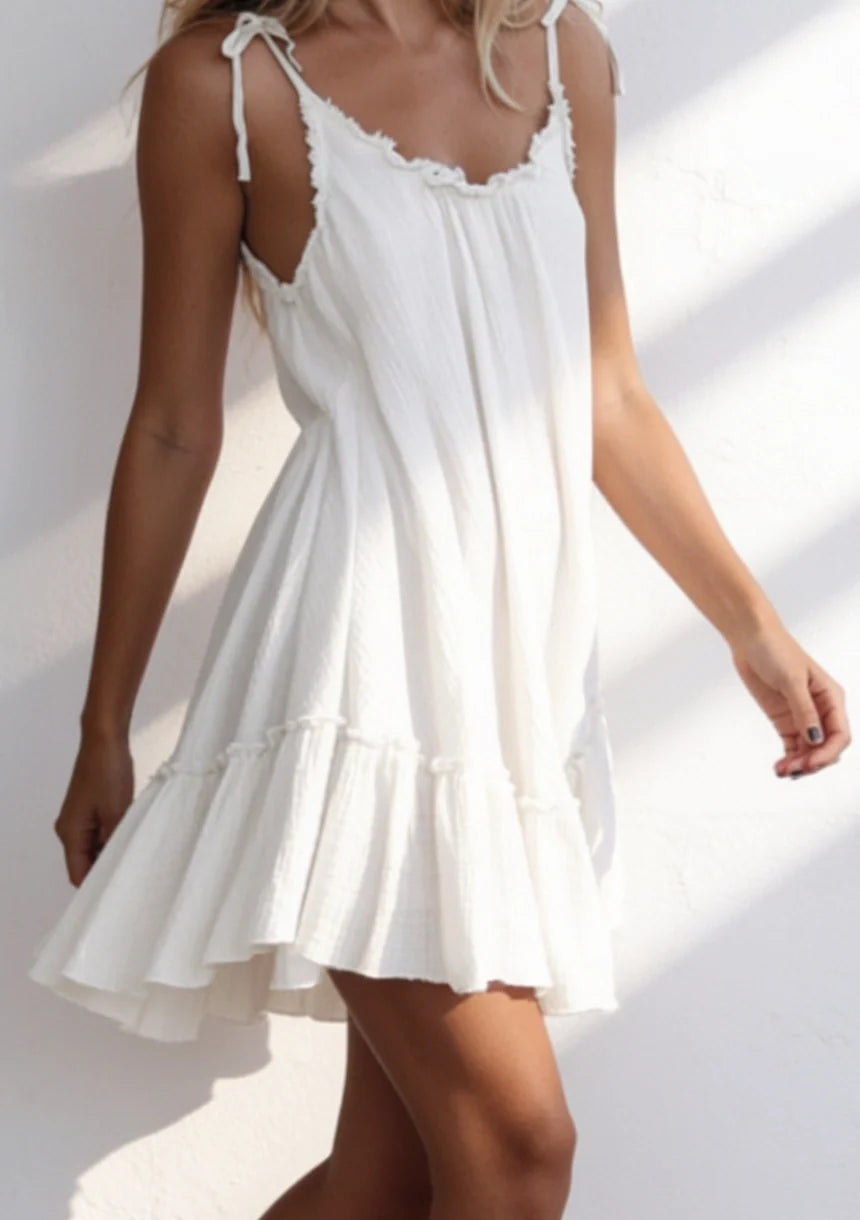 Mini Dress Women Oversized Open Back Flared Ruffle Hem Boho