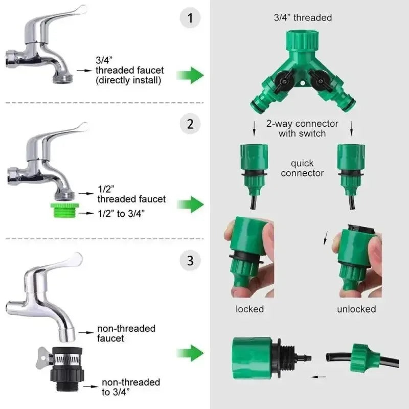 Automatic drip irrigation system with adjustable sprinklers and optional timer