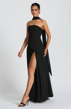 Women's strapless maxi dress with thigh slit and flowy skirt, formal evening style