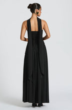 Women's strapless maxi dress with thigh slit and flowy skirt, formal evening style