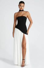 Women's strapless maxi dress with thigh slit and flowy skirt, formal evening style