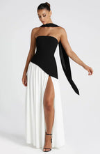 Women's strapless maxi dress with leg slit and flowy skirt, formal evening wear