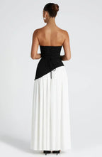 Women's strapless maxi dress with thigh slit and flowy skirt, formal evening style