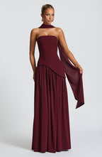 Women's strapless maxi dress with thigh slit and flowy skirt, formal evening style