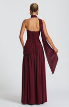 Women's strapless maxi dress with thigh slit and flowy skirt, formal evening style