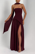 Women's strapless maxi dress with leg slit and flowy skirt, formal evening wear