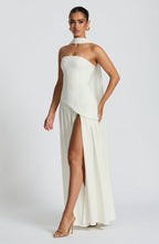Women's strapless maxi dress with thigh slit and flowy skirt, formal evening style