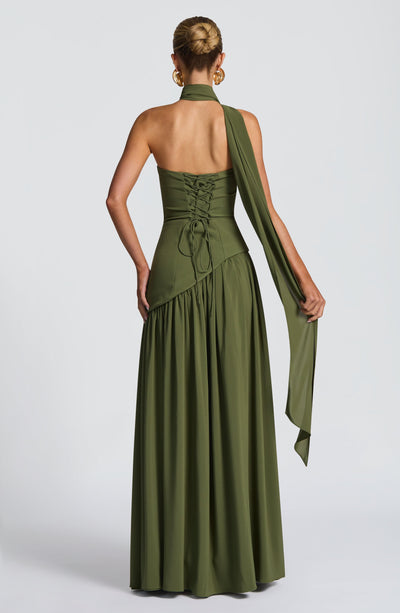 Women's strapless maxi dress with leg slit and flowy skirt, formal evening wear