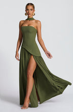 Women's strapless maxi dress with thigh slit and flowy skirt, formal evening style