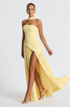 Women's strapless maxi dress with thigh slit and flowy skirt, formal evening style
