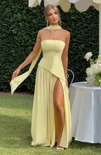 Women's strapless maxi dress with leg slit and flowy skirt, formal evening wear