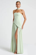 Women's strapless maxi dress with thigh slit and flowy skirt, formal evening style