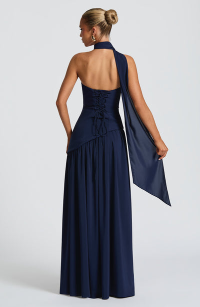 Women's strapless maxi dress with thigh slit and flowy skirt, formal evening style
