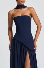 Women's strapless maxi dress with thigh slit and flowy skirt, formal evening style