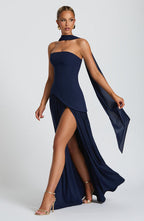 Women's strapless maxi dress with thigh slit and flowy skirt, formal evening style