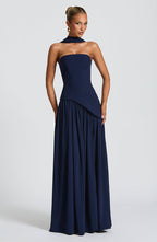 Women's strapless maxi dress with thigh slit and flowy skirt, formal evening style