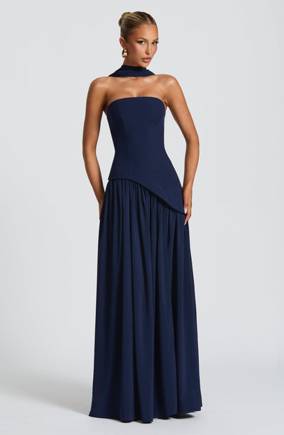 Women's strapless maxi dress with thigh slit and flowy skirt, formal evening style