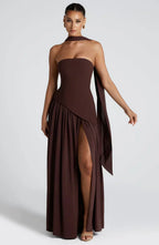 Women's strapless maxi dress with thigh slit and flowy skirt, formal evening style