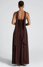 Women's strapless maxi dress with thigh slit and flowy skirt, formal evening style