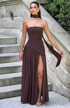 Women's strapless maxi dress with thigh slit and flowy skirt, formal evening style