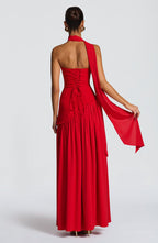 Women's strapless maxi dress with thigh slit and flowy skirt, formal evening style