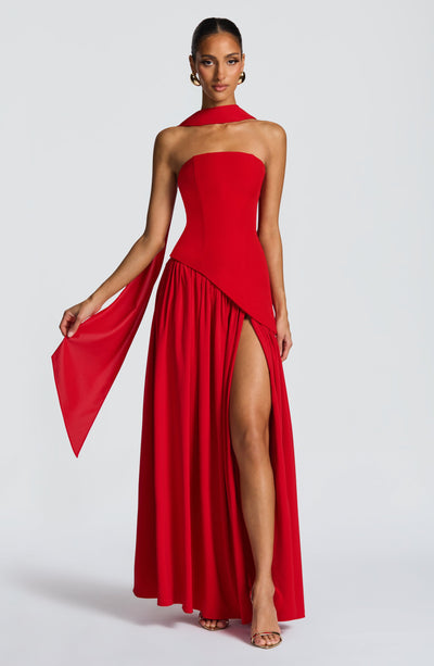 Women's strapless maxi dress with thigh slit and flowy skirt, formal evening style