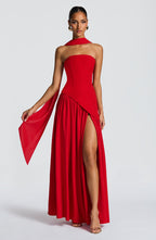 Women's strapless maxi dress with leg slit and flowy skirt, formal evening wear