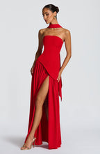 Women's strapless maxi dress with thigh slit and flowy skirt, formal evening style
