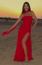 Women's strapless maxi dress with thigh slit and flowy skirt, formal evening style
