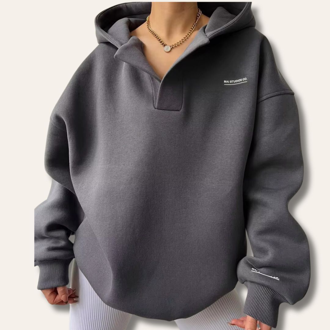 Women oversized pullover hoodie with notch neck and drop shoulder design