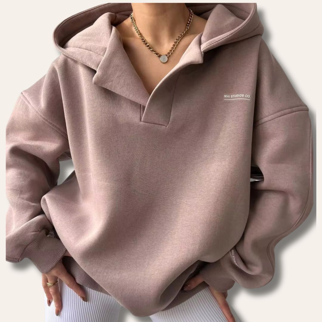 Women oversized pullover hoodie with notch neck and drop shoulder design