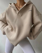 Women oversized pullover hoodie with notch neck and drop shoulder design