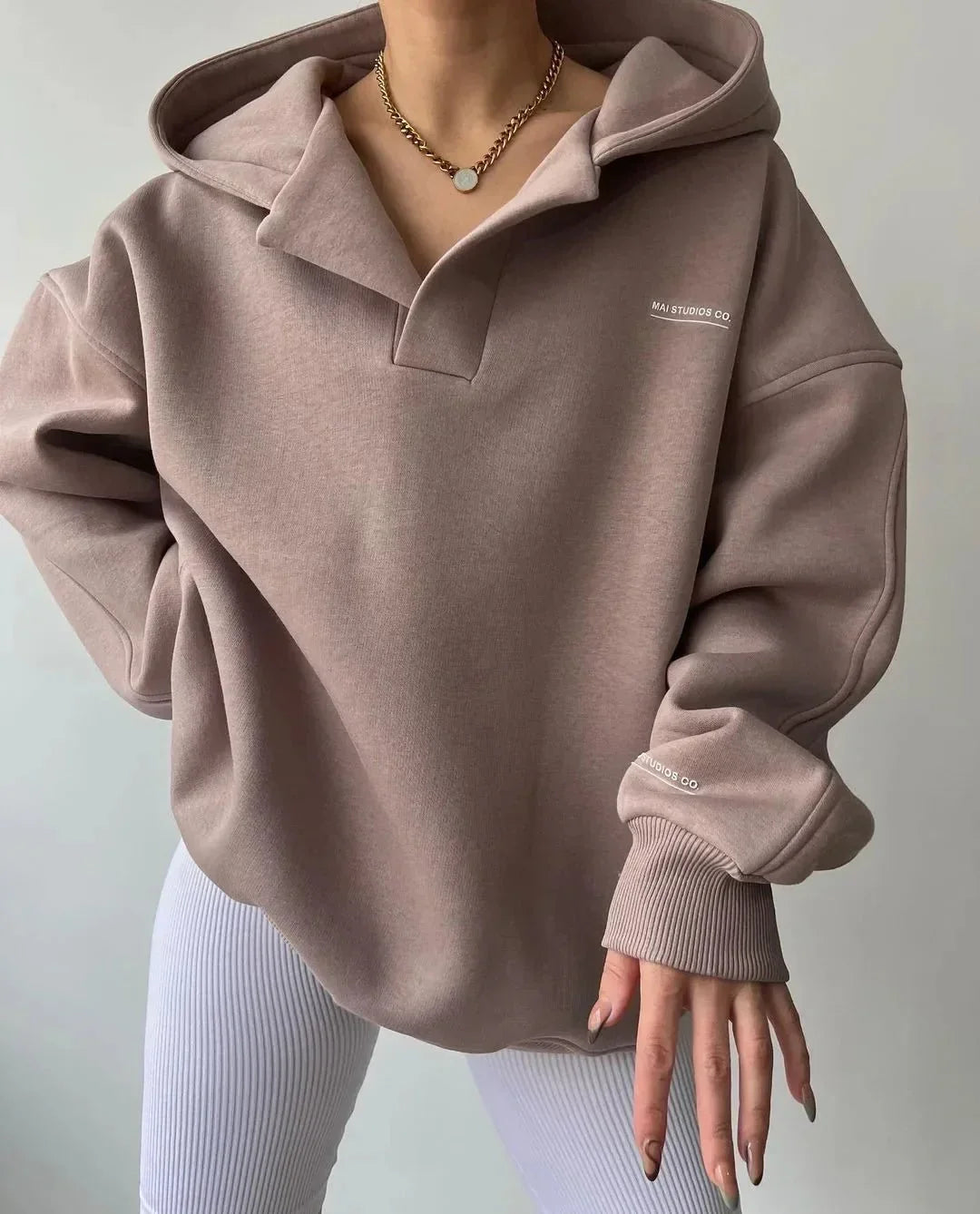Women oversized pullover hoodie with notch neck and drop shoulder design