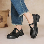Mary Jane shoes brogue T-strap sheepskin upper in brown and black
