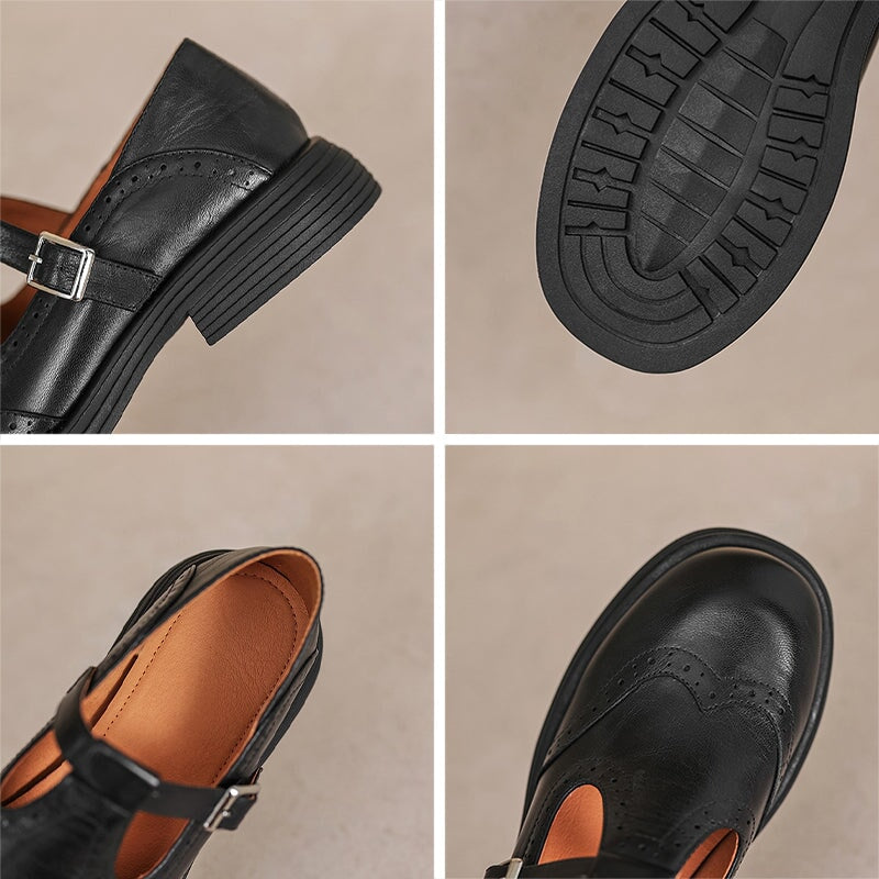 Mary Jane shoes brogue T-strap sheepskin upper in brown and black
