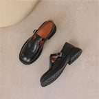Mary Jane shoes brogue T-strap sheepskin upper in brown and black