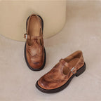 Mary Jane shoes brogue T-strap sheepskin upper in brown and black
