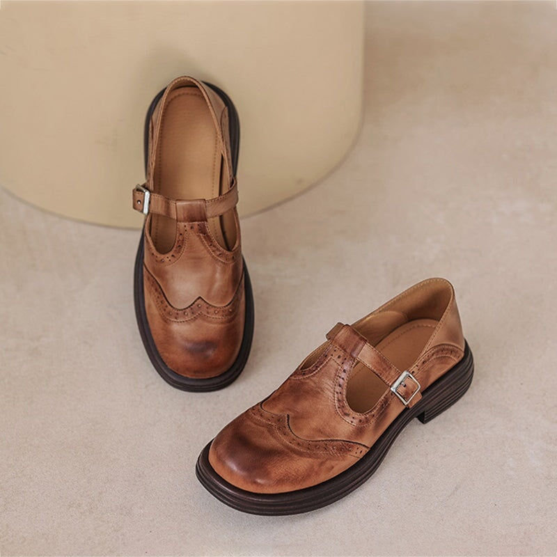 Mary Jane shoes brogue T-strap sheepskin upper in brown and black