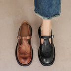 Mary Jane shoes brogue T-strap sheepskin upper in brown and black