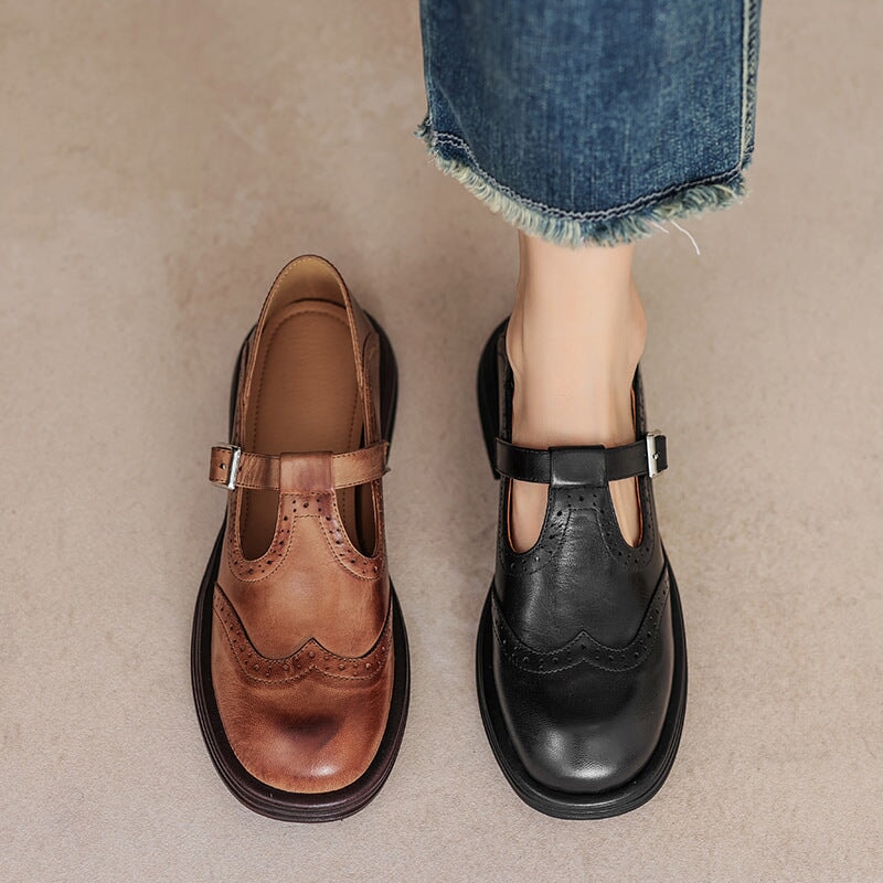 Mary Jane shoes brogue T-strap sheepskin upper in brown and black