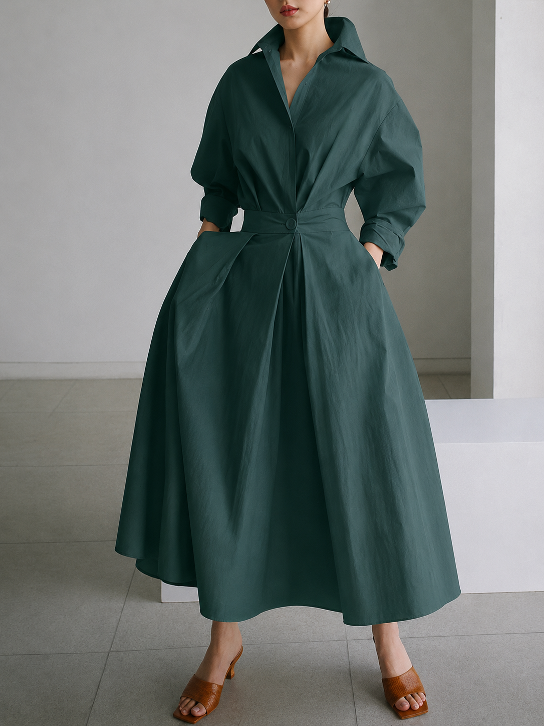 Women's midi shirt dress with button-front closure and adjustable belted waist