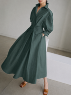 Women's midi shirt dress with button-front closure and adjustable belted waist