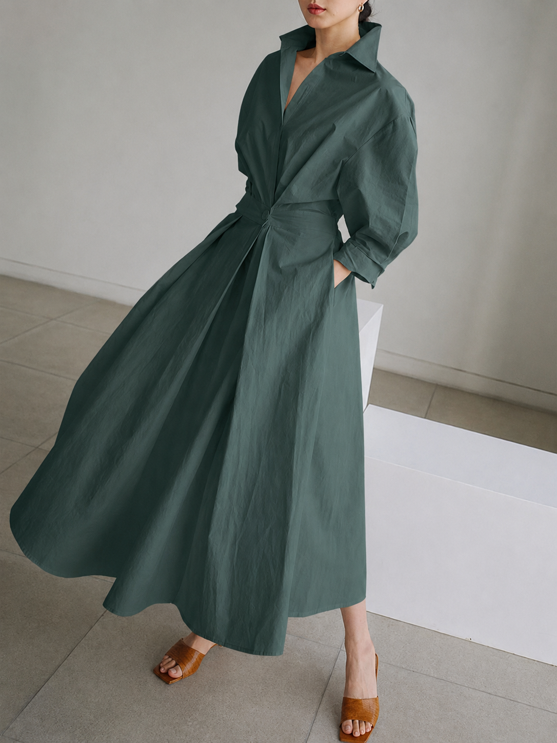 Women's midi shirt dress with button-front closure and adjustable belted waist