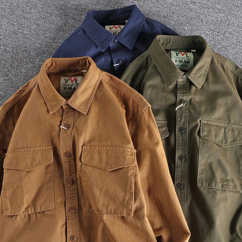 Men's utility shirt slim fit casual, available in Military Green, Khaki and Marine Blue