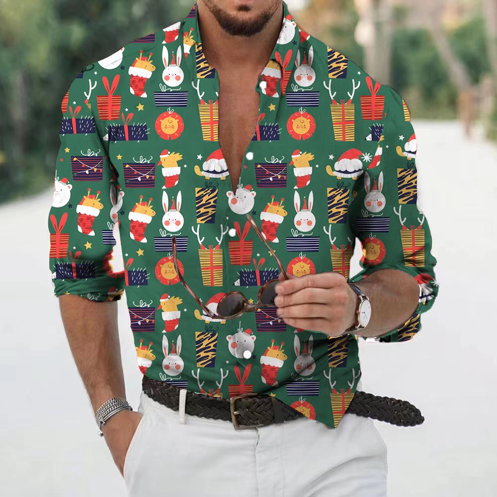 Christmas Shirt Men Long Sleeve Button Up Novelty Graphic Print