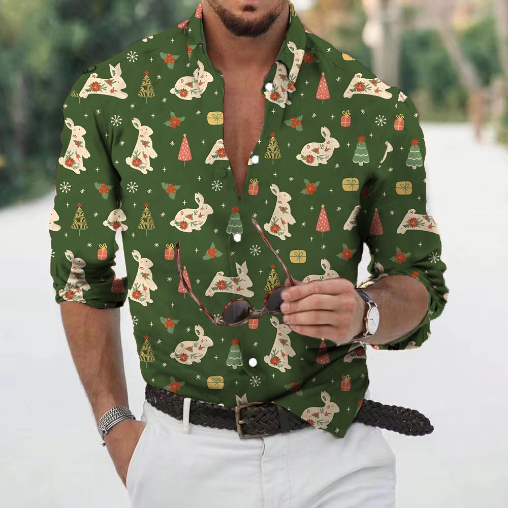 Christmas Shirt Men Long Sleeve Button Up Novelty Graphic Print