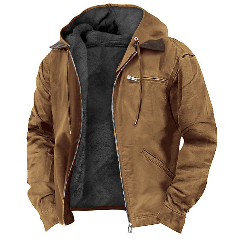 Men fleece lined canvas hooded jacket with zip front in multiple colours