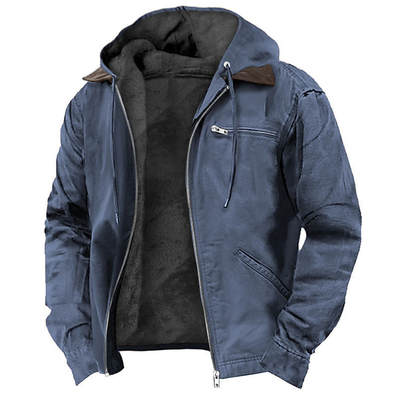 Men fleece lined canvas hooded jacket with zip front in multiple colours
