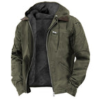 Men fleece lined canvas hooded jacket with zip front in multiple colours